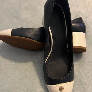 Tory Burch navy and ivory cap toe heel shoes Ethel pumps